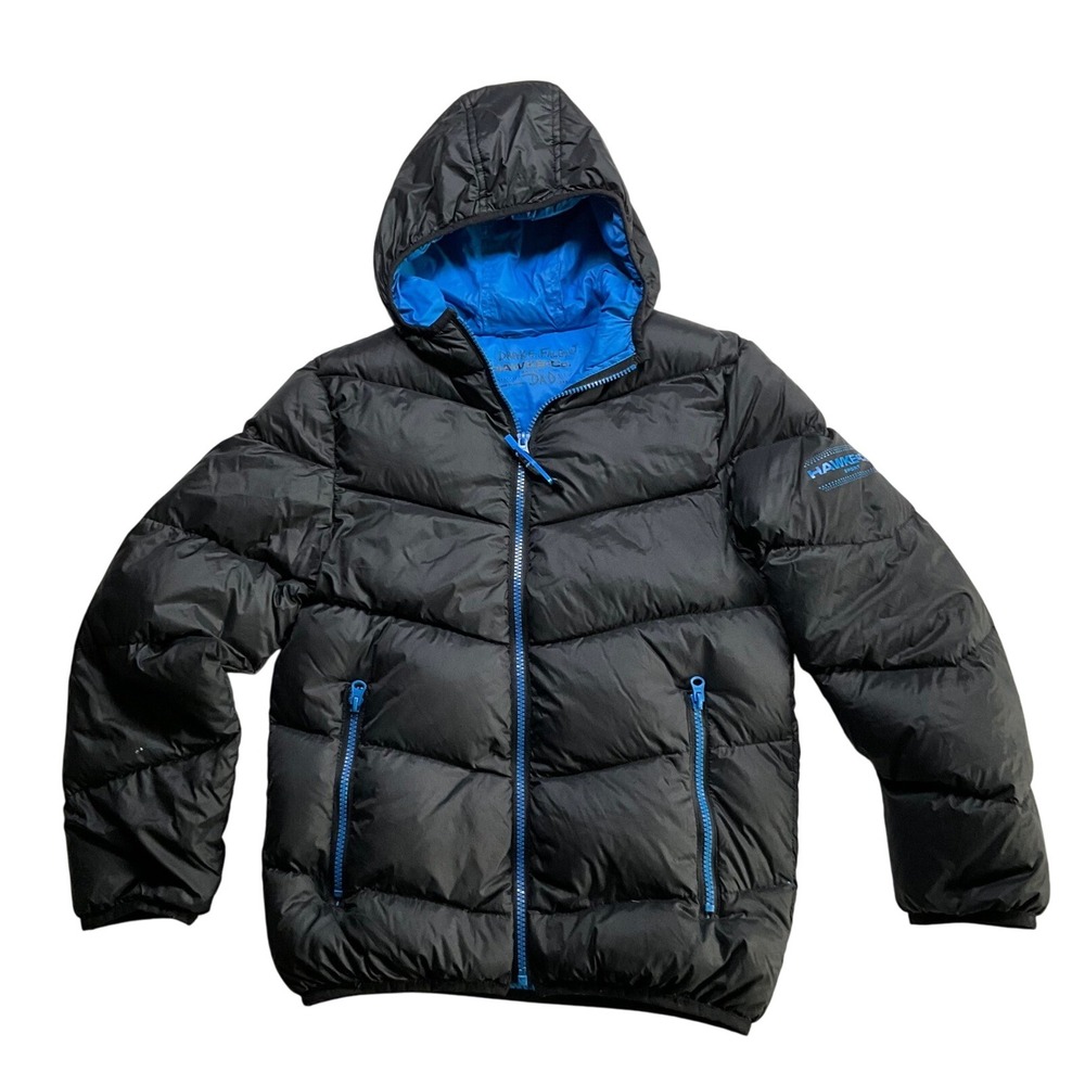Hawke & Co Kids Puffer Jacket Black Blue Hooded Winter Warm Boys Size 10/12